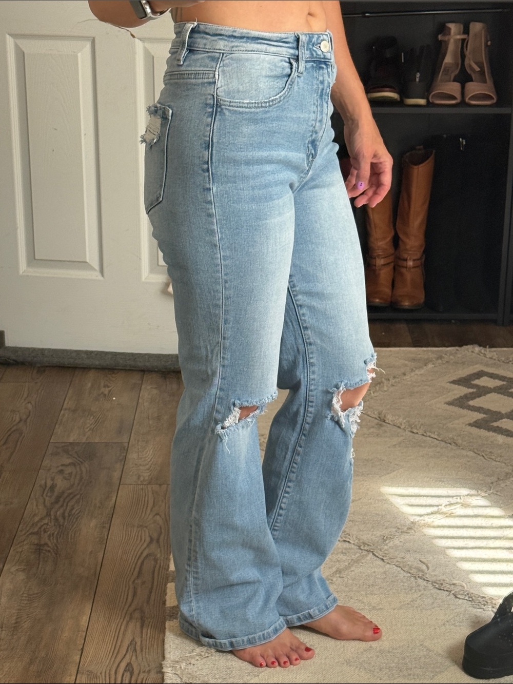 FLYING MONKEY High-Rise Light Blue Ripped Straight-Leg Jeans for Women 27”